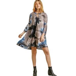 NWT UMGEE Women’s Blue Tie Dye Boho Metallic Striped Tunic Mini Dress